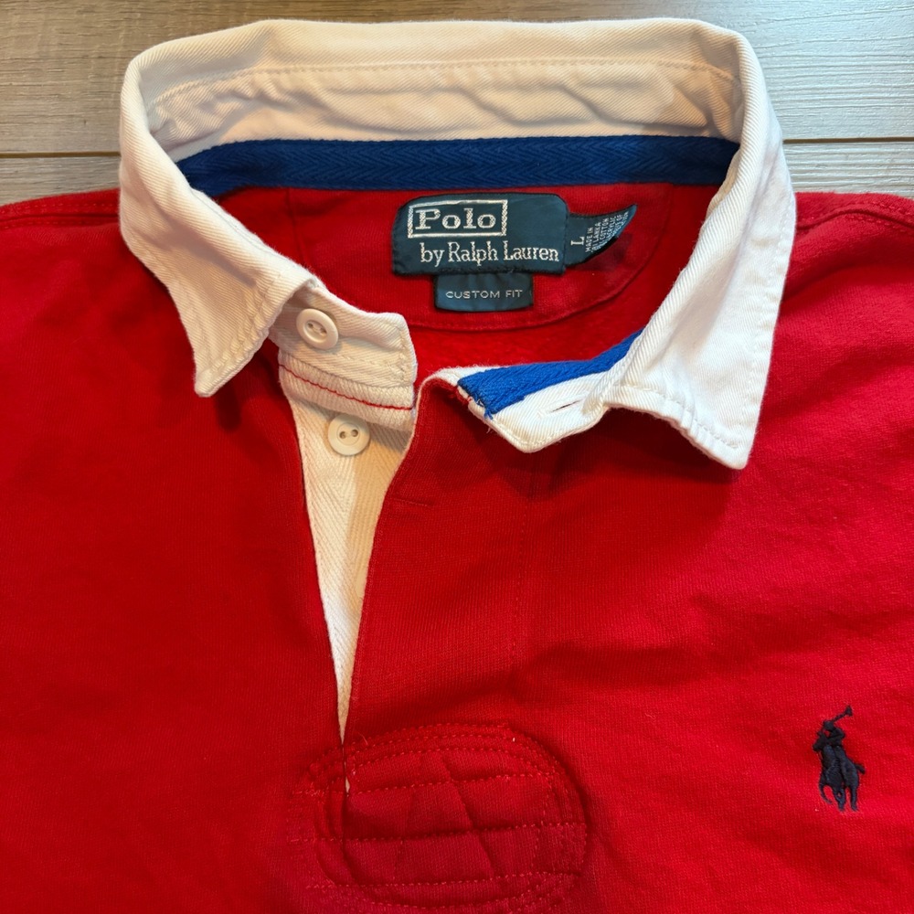 Polo Ralph Lauren Mens Red Long Sleeve Rugby Shirt Custom Fit Large White Collar